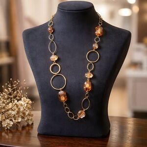Body Length, Gold Toned, Orange Acrylic Stone and Hoop Necklace